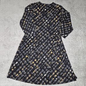 Wrap Dress H By Halston Women Black Artsy Print V-Neck XL 3/4 Sleeves
